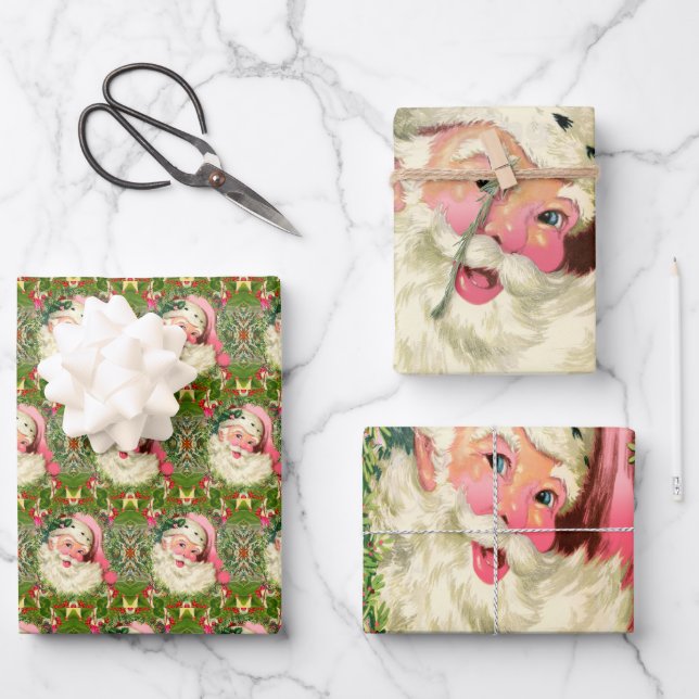 Vintager rosa Weihnachtsmann Geschenkpapier Set (Vorderseite)