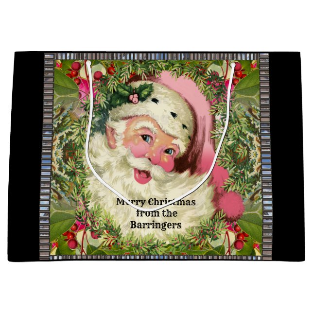 Vintager rosa Weihnachtsmann Große Geschenktüte (Vorderseite)