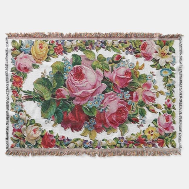 Vintager Rosen-Blumenstrauß-Afghane Decke (Vorderseite)