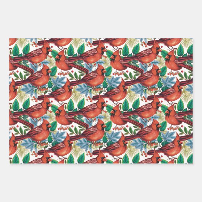 Vintager Roter Kardinal Birnen Weihnachtsfeiertag Geschenkpapier Set (Vorderseite)