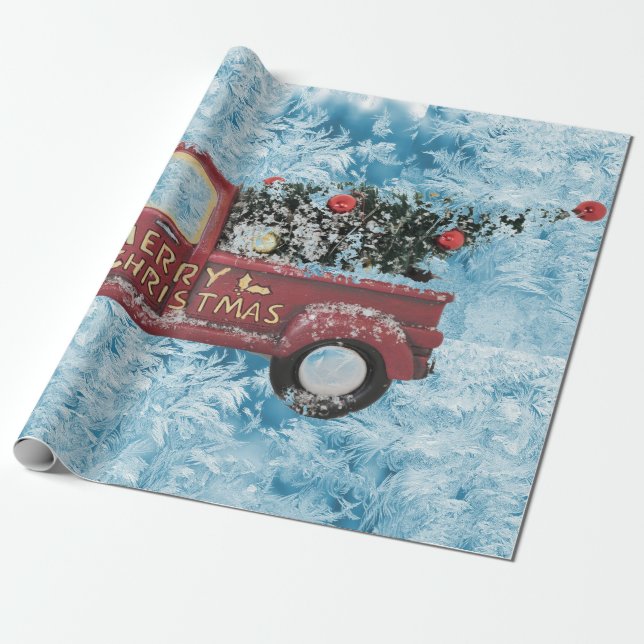 Vintager roter LKW auf blauem Schneeflockenhinterg Geschenkpapier (Ungerollt)