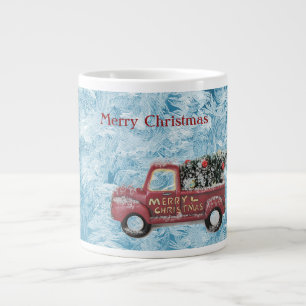 Vintager roter LKW auf blauem Schneeflockenhinterg Jumbo-Tasse