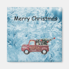 Vintager roter LKW auf blauem Schneeflockenhinterg Magnet