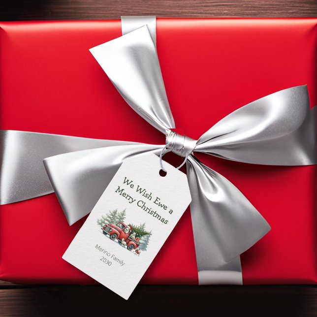 Vintager roter LKW für Rustikale Schafe Geschenkanhänger (We wish ewe a merry christmas vertical gift tag)