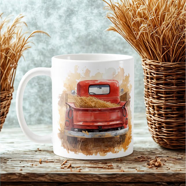 Vintager roter LKW mit Hay Rustic Farm Kaffeetasse (Timeless classic ceramic mug with vintage red pickup truck charm - perfect fall farmhouse decor!)