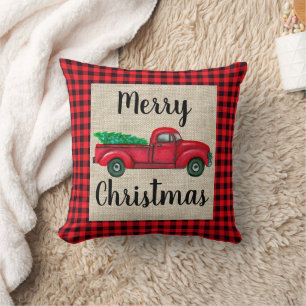 Vintager roter LKW mit Kariertem Weihnachtsbaum Ki Kissen