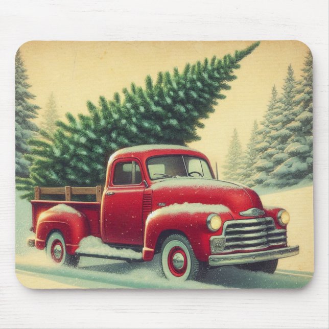 Vintager roter LKW mit Weihnachtsbaum Mousepad (Vorne)