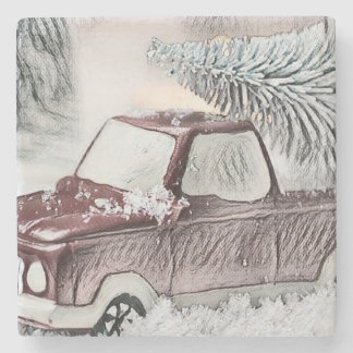 Vintager roter LKW mit zeichnend Weihnachtsbaum Steinuntersetzer