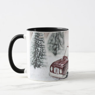 Vintager roter LKW mit zeichnend Weihnachtsbaum Tasse