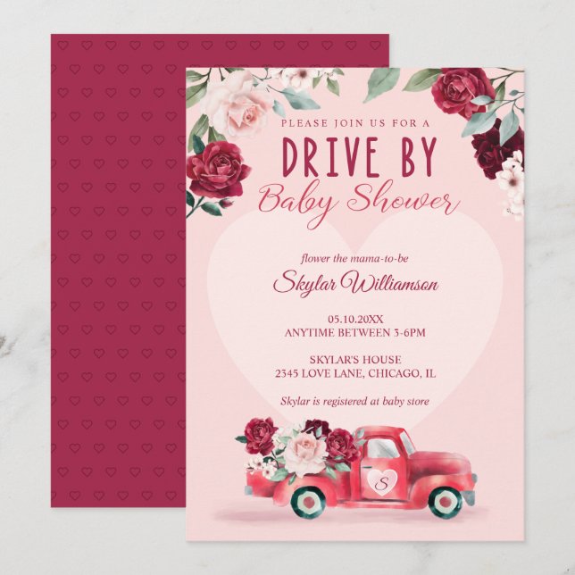 Vintager roter Lkw und Blume mit Kinderdusche Einladung (Vorne/Hinten)