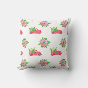 Vintager roter LKW und Poinsettias Kissen