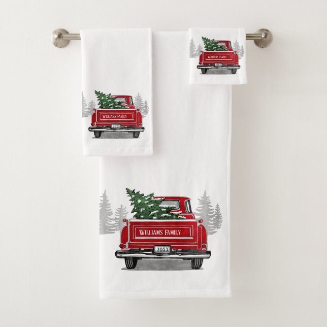 Vintager Roter LKW Weihnachtsbaum Rustikale Pinien Badhandtuch Set (Insitu)