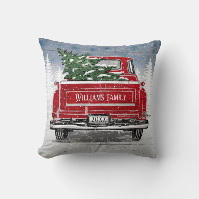 Vintager Roter LKW Weihnachtsbaum Rustikaler Name Kissen (Vorderseite)