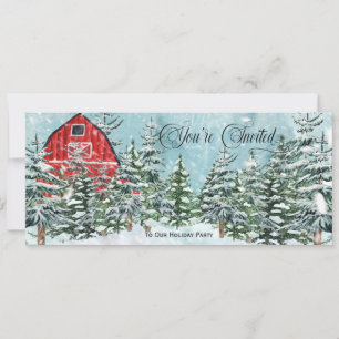 Vintager Roter Stall, Pinienbäume, Schnee Weihnach Einladung