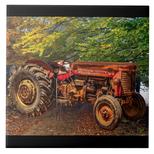 Vintager roter Zuchttraktor Fliese (Vorderseite)