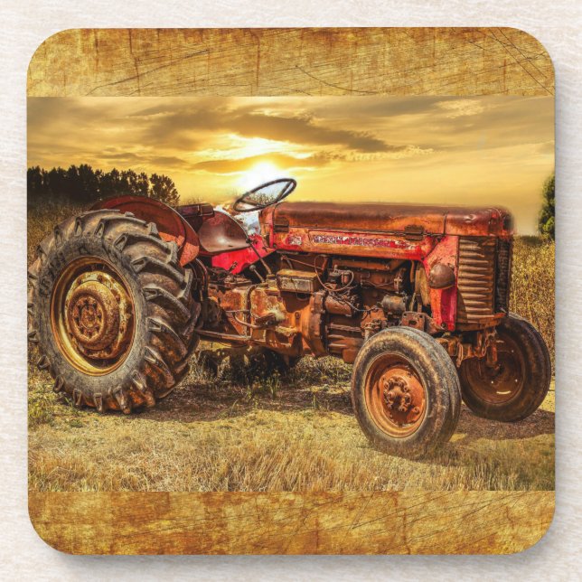 Vintager roter Zuchttraktor Getränkeuntersetzer (Vorderseite)