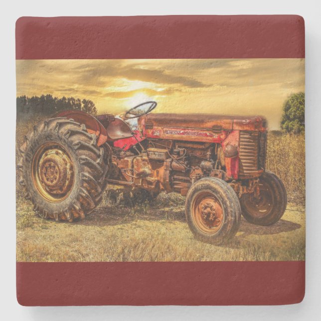 Vintager roter Zuchttraktor Steinuntersetzer (Vorderseite)