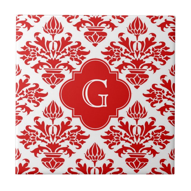 Vintager RotfloralDamast Nr. 3 mit Monogramm LG Fliese (Vorderseite)