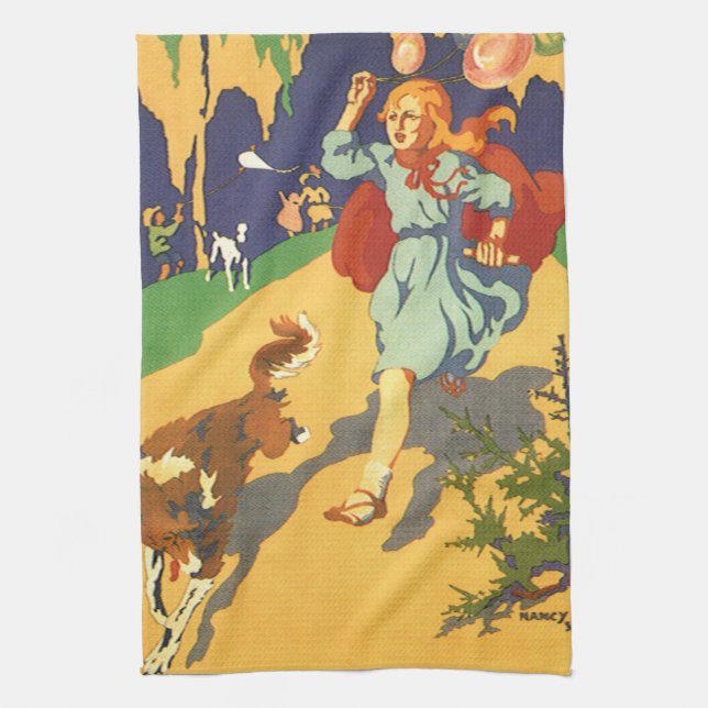 Vintager Rotkäppchen, Hunde und Balloons Geschirrtuch (Vertikal)