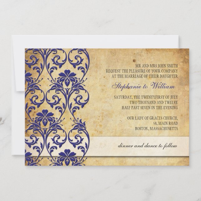 Vintager Royal Blue Floral Swirl Einladung Hochzei (Vorderseite)