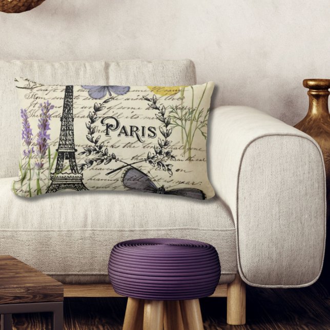 Vintager, rustikaler Schmetterlingsturm Lendenkissen (vintage rustic french butterfly paris eiffel tower lumbar pillow)