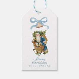 Vintager Santa Blue Bow Bells Weihnachtsfeiertag Geschenkanhänger