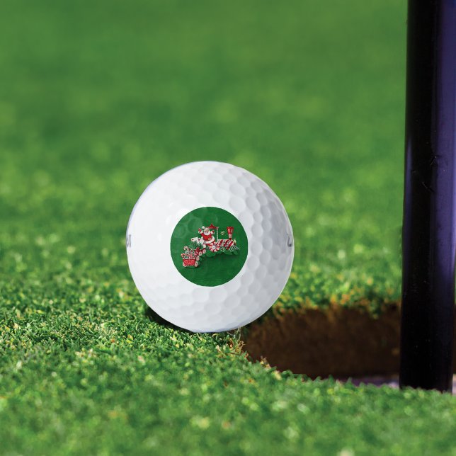 Vintager Santa Claus Peppermint Candy Train Golfball (Santa riding Christmas train with peppermint candy wheels candy canes on green golf balls.)