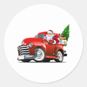 Vintager Santa in Red Car mit Weihnachtsbaum Runder Aufkleber