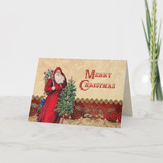Vintager Santa und Baum Feiertagskarte (Vorderseite)