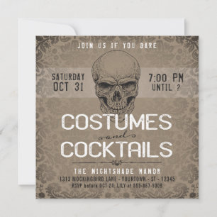 Vintager Schädel Halloween-Kostüme & Cocktails Einladung