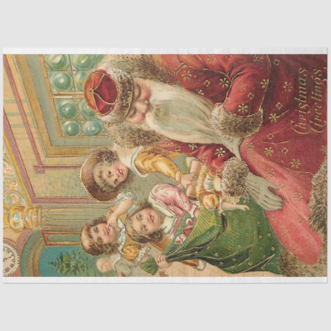 Vintager schlafender Weihnachtsmann mit Kindern un Seidenpapier (Vorderseite)