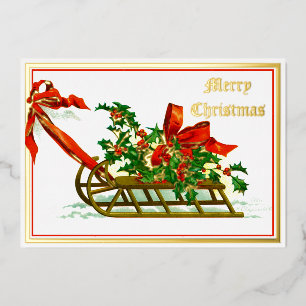 Vintager Schlitten mit Holly Christmas Folien Feiertagskarte