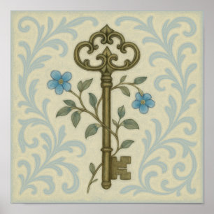 Vintager Schlüssel & blaue Blumenwall Poster