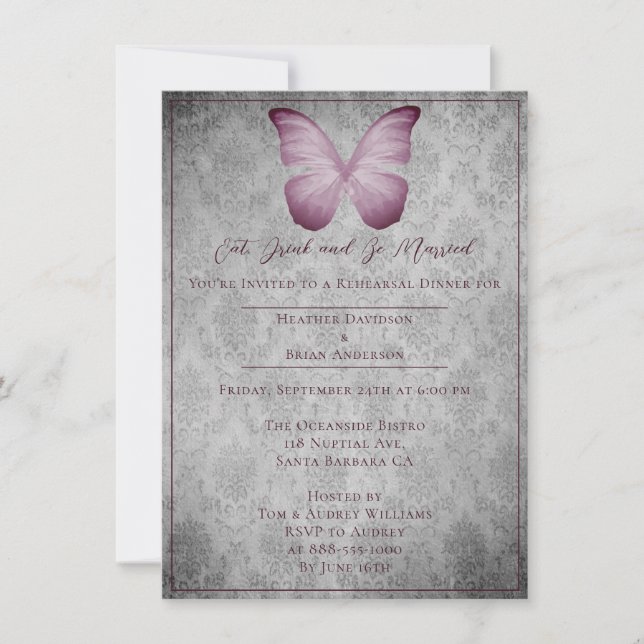 Vintager Schmetterling Damask Probe Abendessen Einladung (Vorderseite)