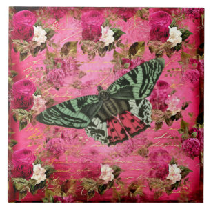 Vintager Schmetterling mit Rot-Weiß-Rosen-Handsch Fliese