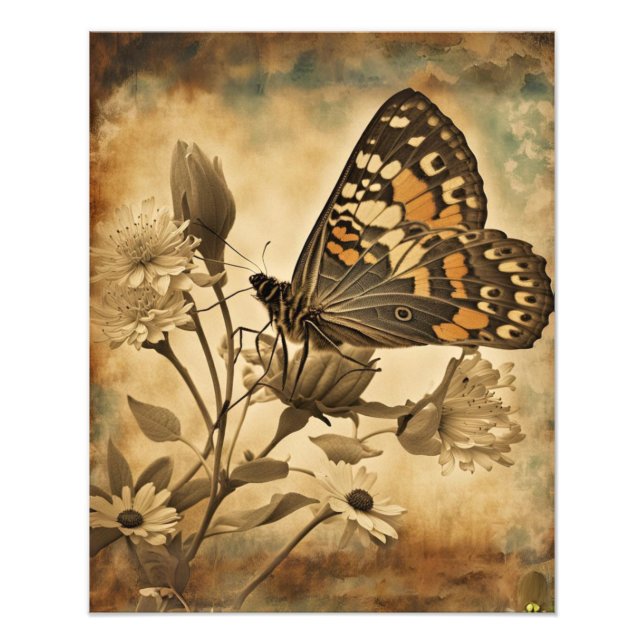 Vintager Schmetterling mit weißen Blume Fotodruck (Vorne)