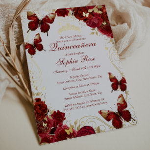 Vintager Schmetterling Rotes Gold Quinceanera Folieneinladung