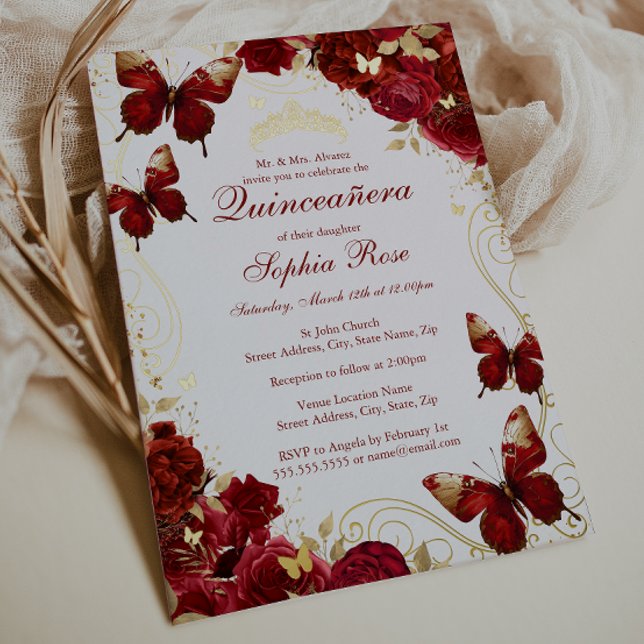 Vintager Schmetterling Rotes Gold Quinceanera Folieneinladung (Von Creator hochgeladen)