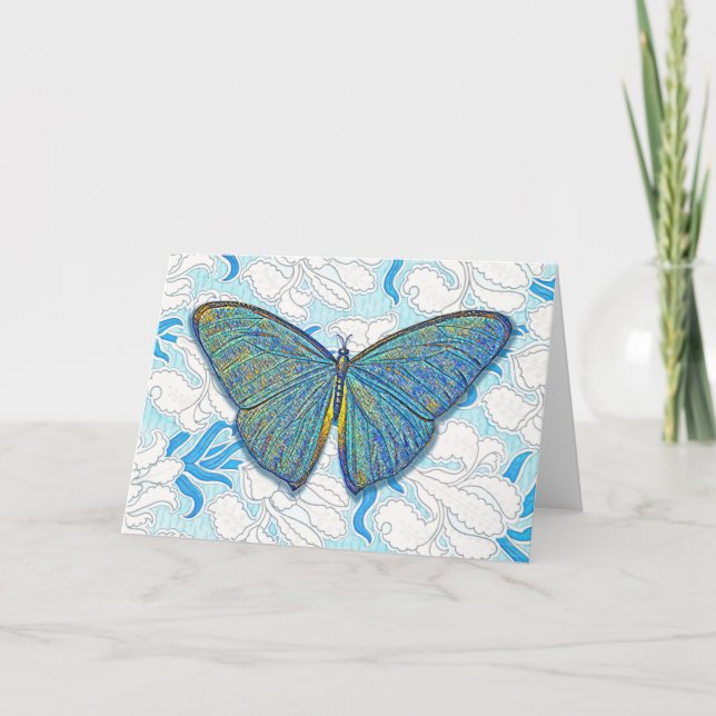 Vintager Schmetterling und Blumen in Blauer Kunst Karte (Vorderseite)