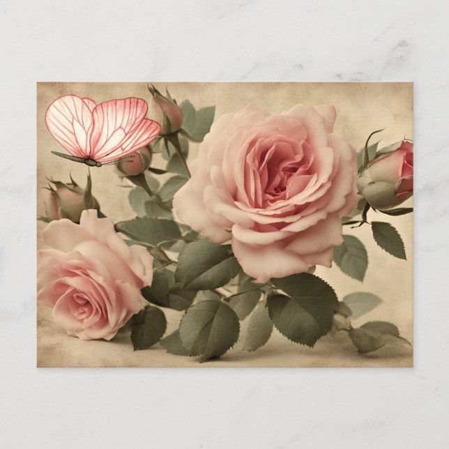 Vintager Schmetterling und rosa Rosen Postkarte (Vorderseite)
