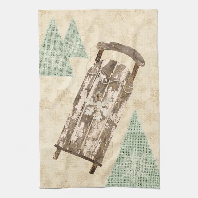 Vintager Schneeflockenbaum Rustikaler Schlitten Geschirrtuch (Vertikal)