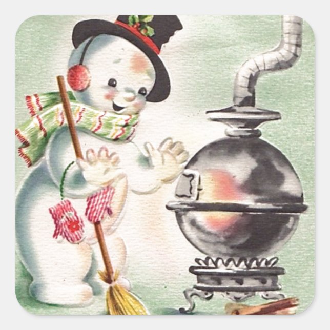 Vintager Schneemann am Wald Quadratischer Aufkleber (Vorderseite)