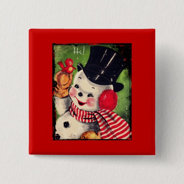 Vintager Schneemann mit Rotem Vogel Button (Vorderseite)