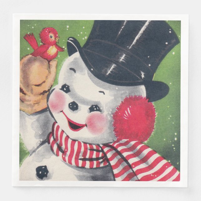 Vintager Schneemann Retro Weihnachtsgeschirr Party Serviette (Vorderseite)