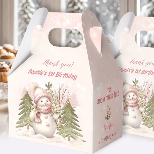 Vintager Schneemann Rosa Winter 1. Geburtstag Geschenkschachtel (Vintage Snowman Pink Winter 1st Birthday Favor Box)
