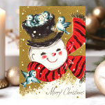 Vintager Schneemann und Bluebirts frohe Weihnachte Feiertagskarte<br><div class="desc">Vintager Schneemann und Bluebirds Frohe Weihnachtskarte. Dieses Design hat einen Schneemann mit Bluebirds. Was für eine schöne Retro-Urlaubsszene! Personalisieren Sie dieses maßgeschneiderte Design mit Ihrem eigenen Gruß.</div>