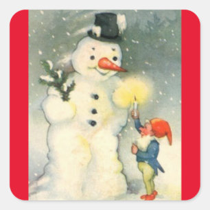 Vintager Schneemann und Elf Quadratischer Aufkleber