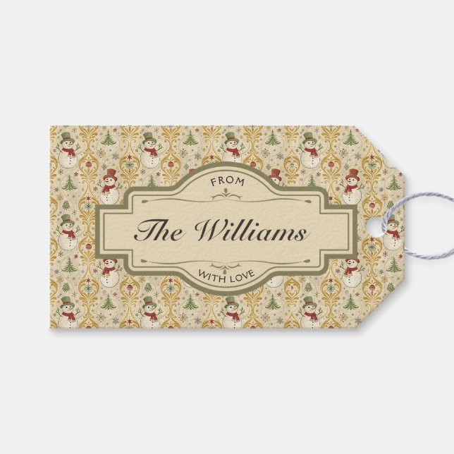 Vintager Schneemann & Weihnachtsbaum Custom Geschenkanhänger (Vorderseite (Horizontal))