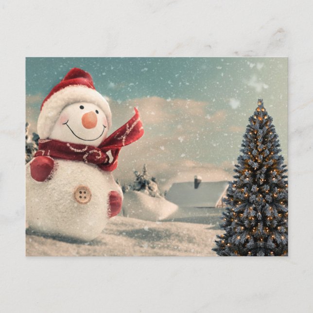 Vintager Schneemann & Weihnachtsbaum Postkarte (Vorderseite)
