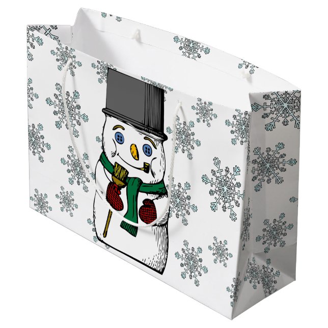 Vintager Schneemannsschneeflocken Winterurlaub Große Geschenktüte (Rückseite Schrägansicht)